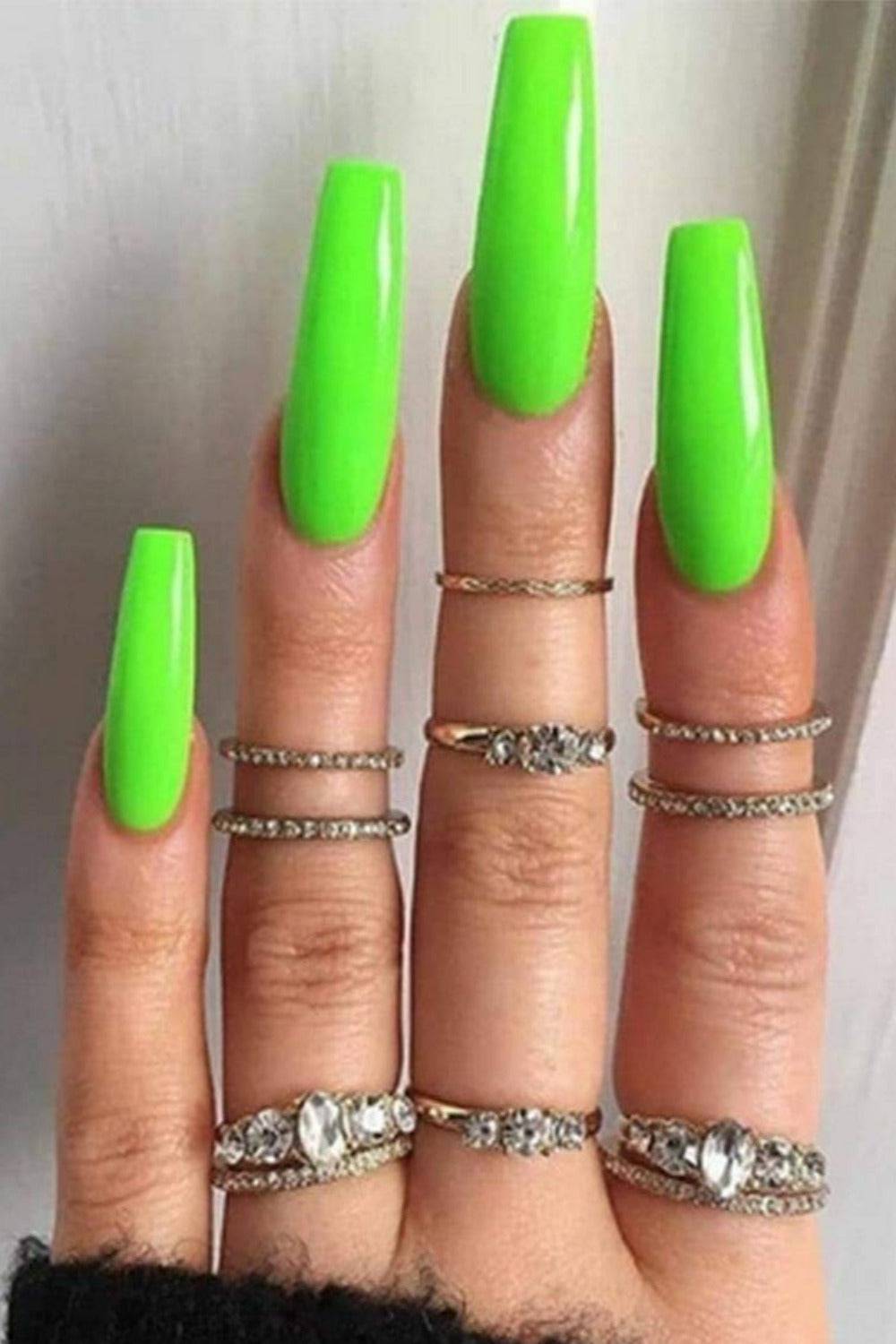 Press On Nails Long Shiny Coffin Tip False Nail Kit - Neon Green - TGC Boutique - Press On Nails
