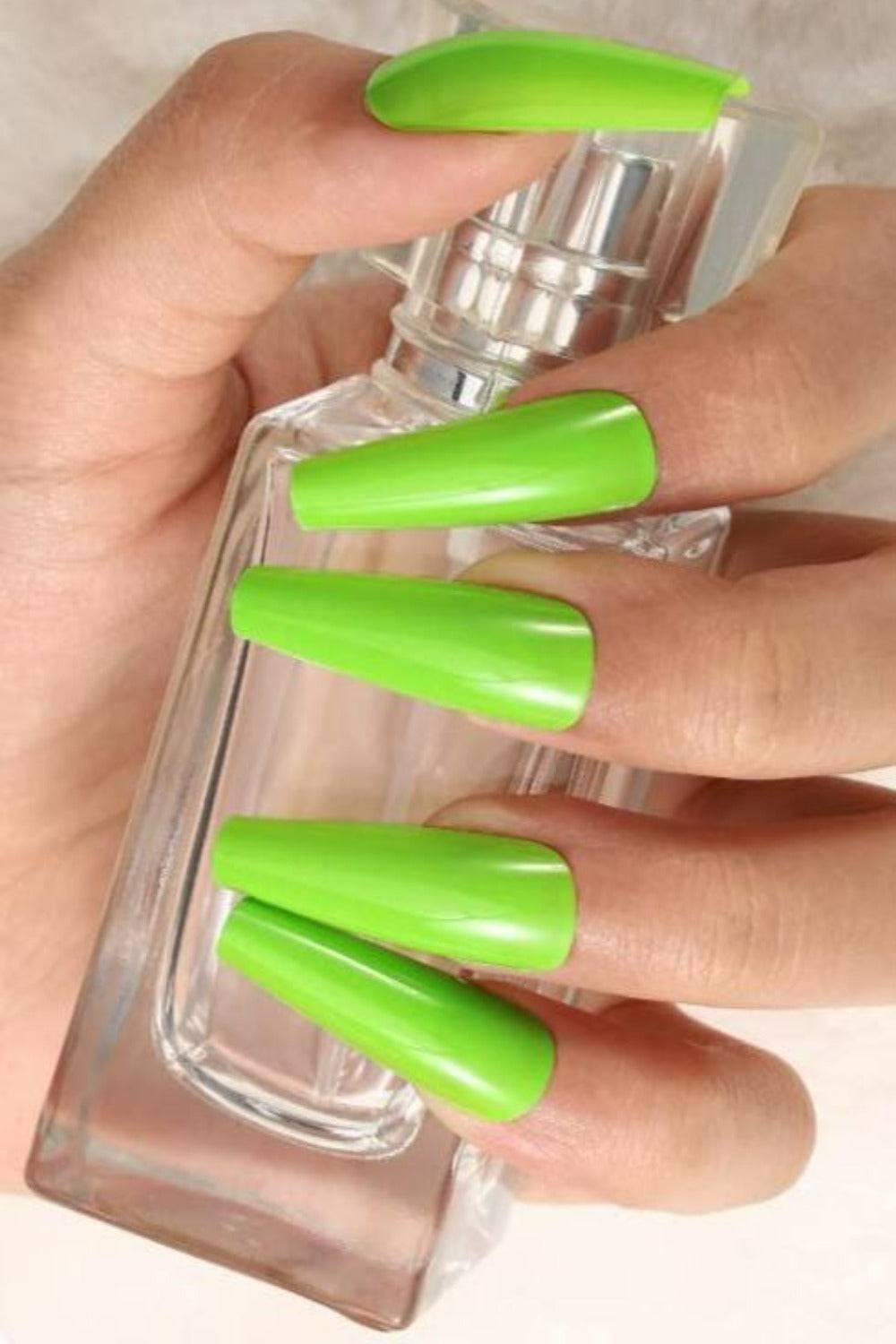 Press On Nails Long Shiny Coffin Tip False Nail Kit - Neon Green - TGC Boutique - Press On Nails