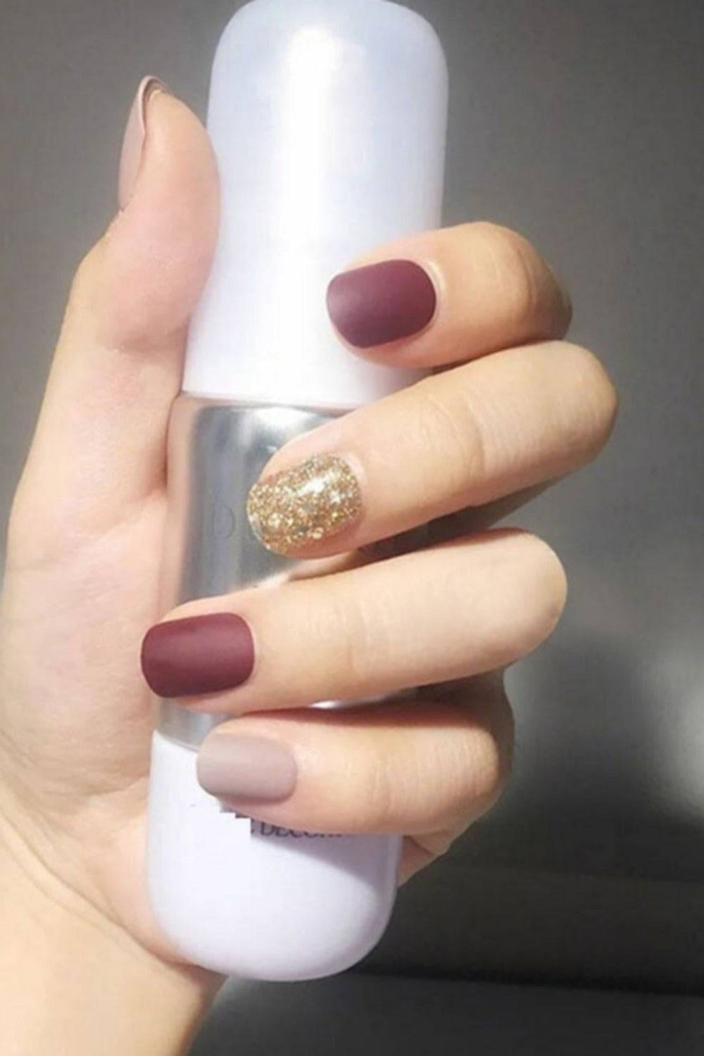 Press On Nails Maroon And Nude Matte Square Gold Glitter Nail Kit - TGC Boutique - Press On Nails