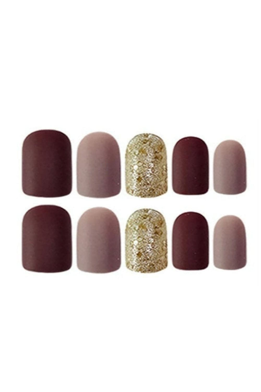 Press On Nails Maroon And Nude Matte Square Gold Glitter Nail Kit - TGC Boutique - Press On Nails