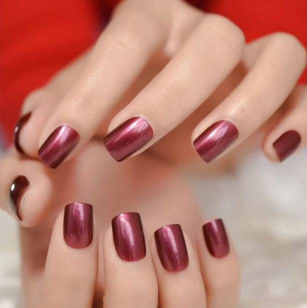Press On Nails Maroon Glossy Round Metallic Nail Kit - TGC Boutique - Press On Nails