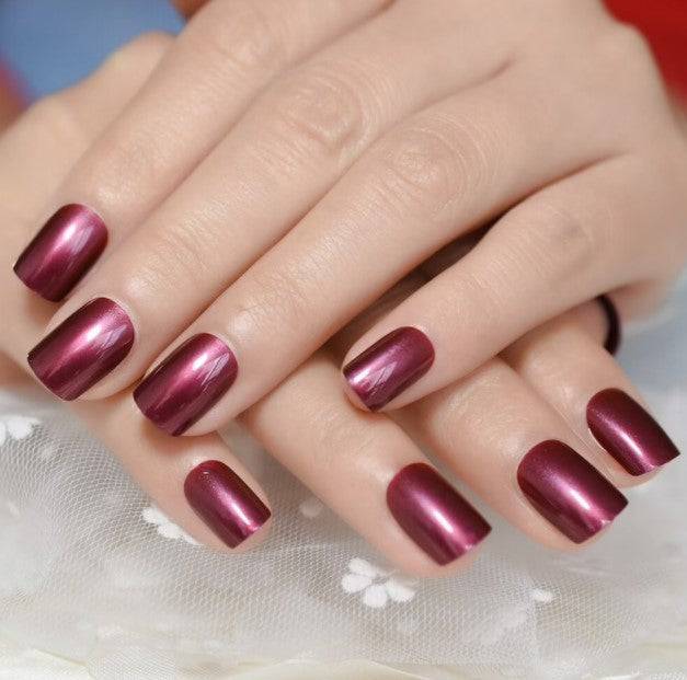 Press On Nails Maroon Glossy Round Metallic Nail Kit - TGC Boutique - Press On Nails