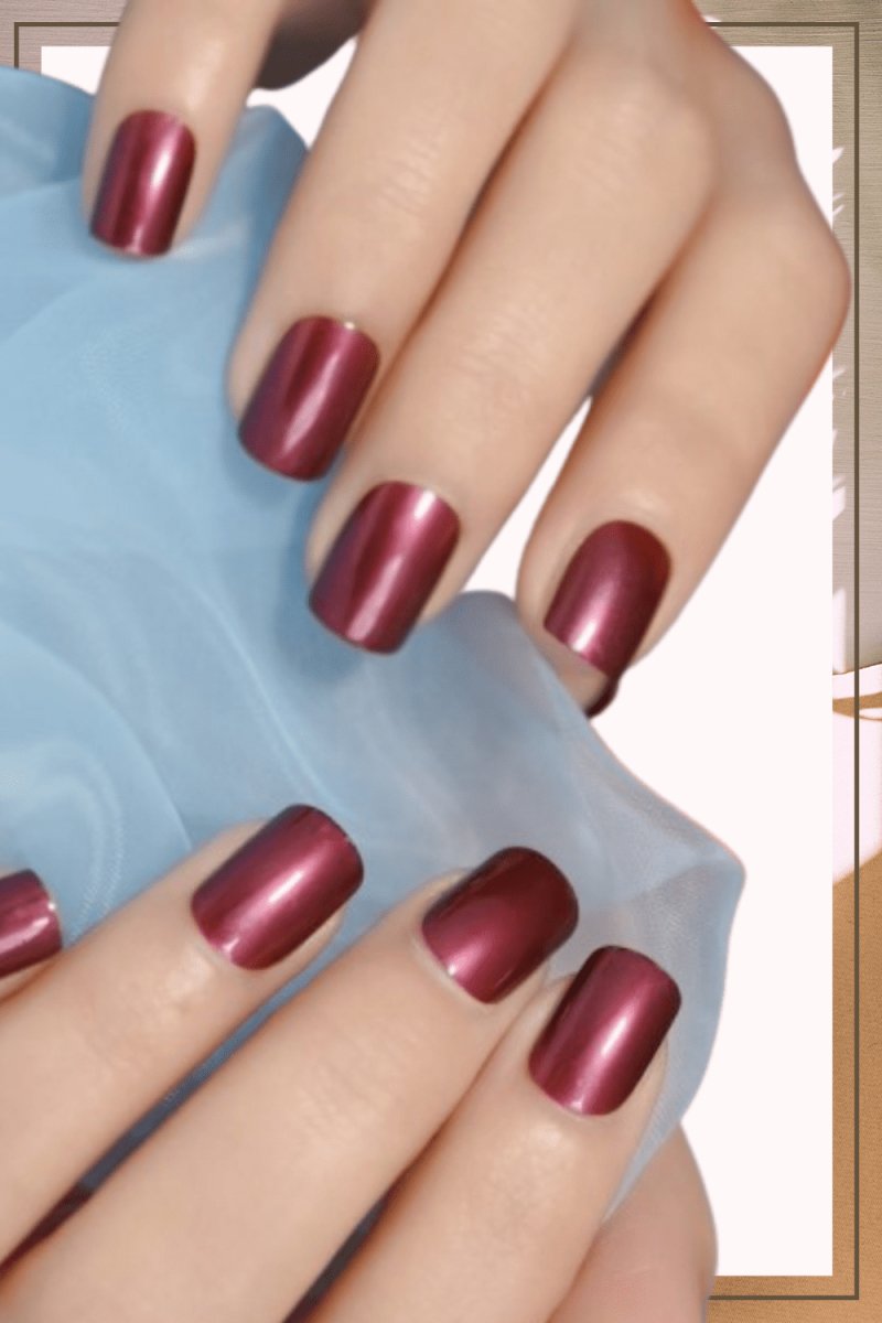 Press On Nails Maroon Glossy Round Metallic Nail Kit - TGC Boutique - Press On Nails