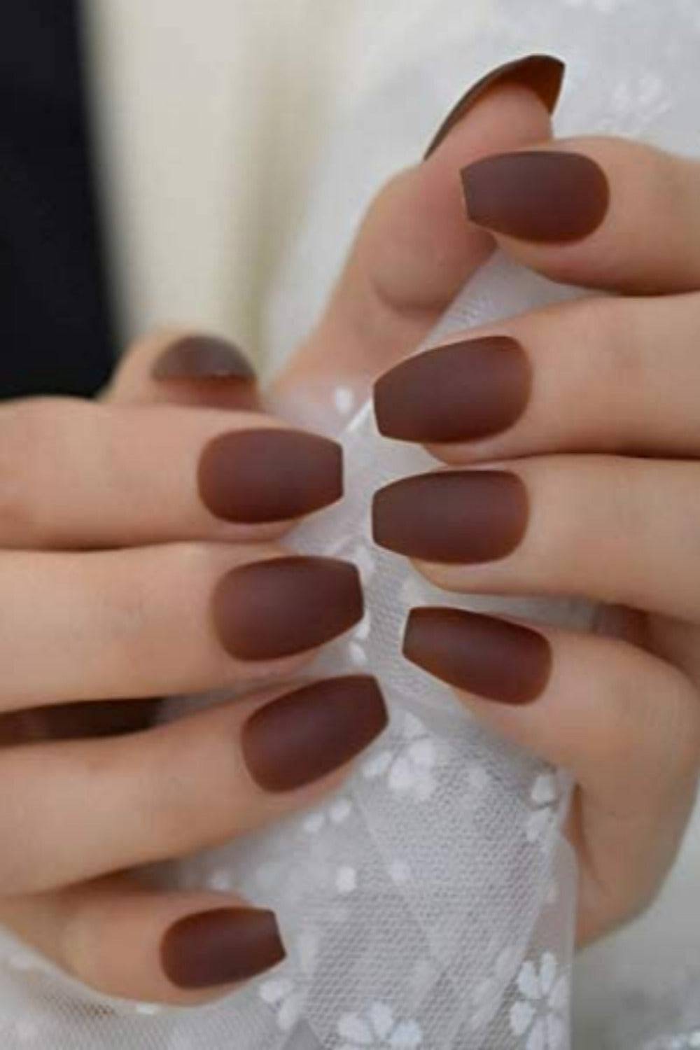 Press On Nails Matte Coffee Brown Short Coffin Nail Kit - TGC Boutique - Press On Nails
