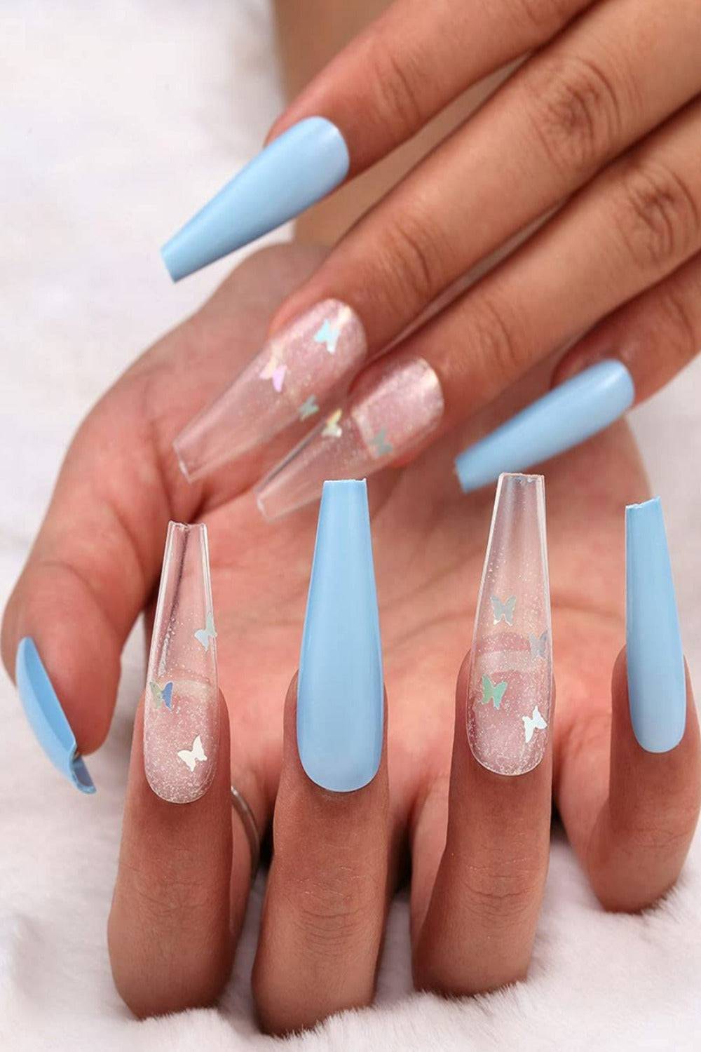 Press On Nails Matte Glossy Neon French Tip Coffin Nail Kit - Blue & Clear - TGC Boutique - Press On Nails