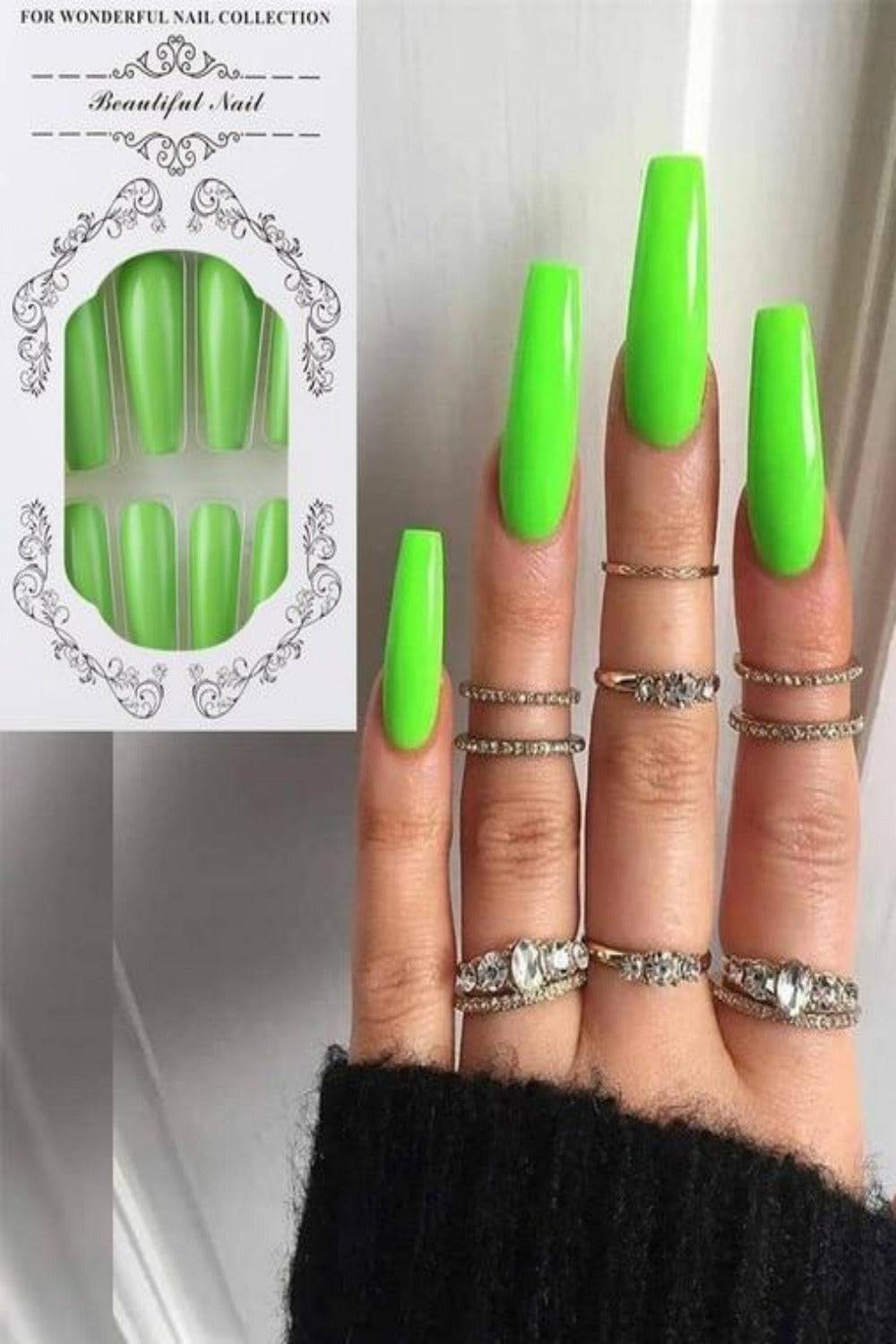 Press On Nails Matte Glossy Neon French Tip Coffin Nail Kit - TGC Boutique - Press On Nails