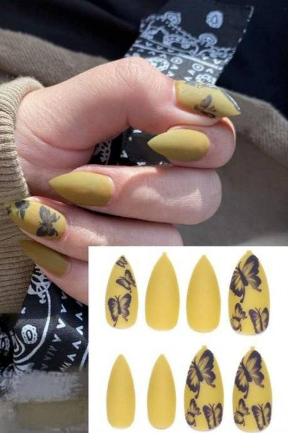 Press On Nails Matte Glossy Neon String Art Coffin Nail Kit - TGC Boutique - Press On Nails