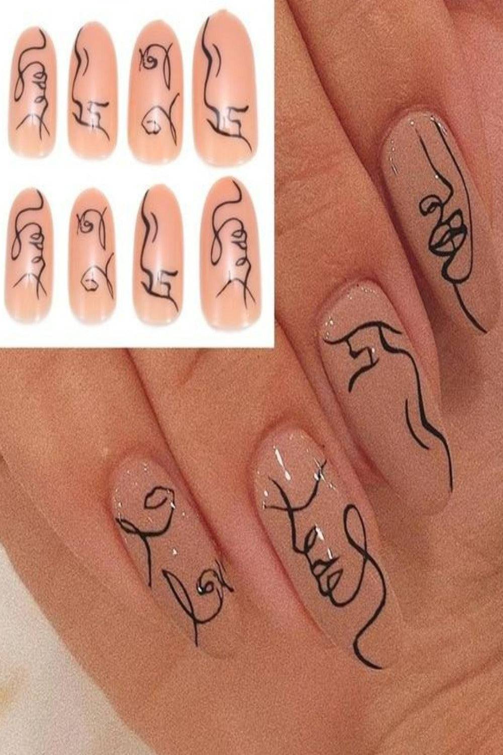 Press On Nails Matte Glossy Neon String Art Coffin Nail Kit - TGC Boutique - Press On Nails