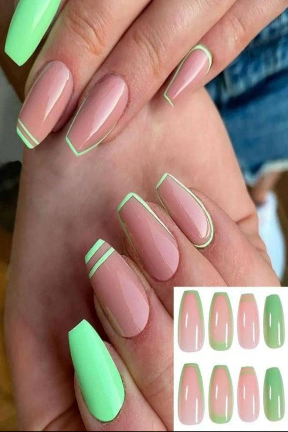 Press On Nails Matte Glossy Neon String Art Coffin Nail Kit - TGC Boutique - Press On Nails