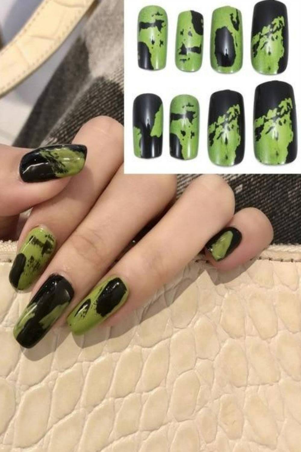 Press On Nails Matte Glossy Neon String Art Coffin Nail Kit - TGC Boutique - Press On Nails