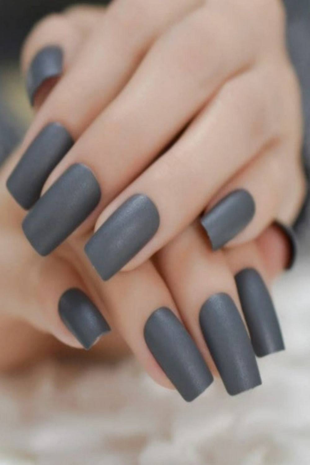 Press On Nails Matte Grey Coffin Square Nail Kit - TGC Boutique - Press On Nails