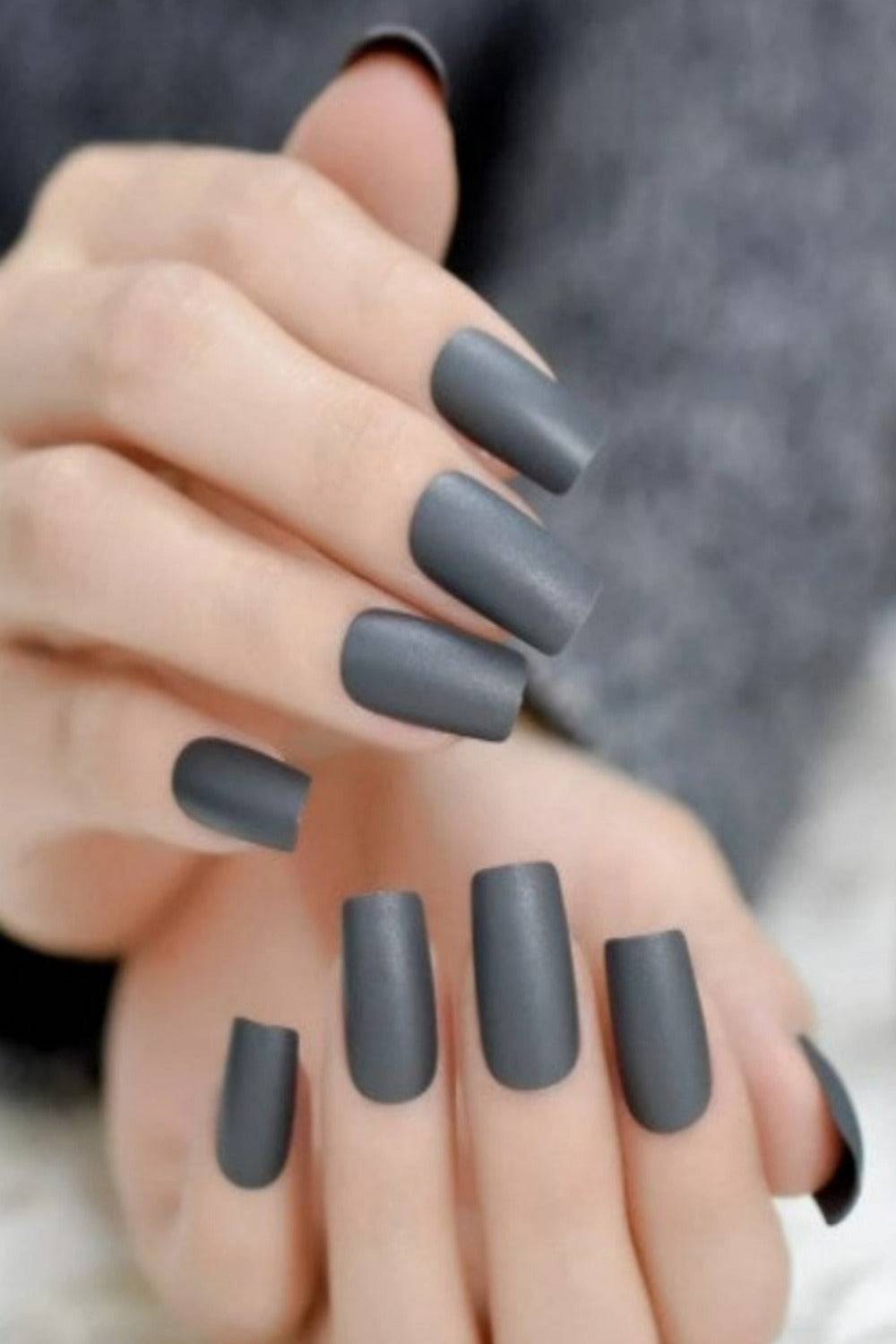 Press On Nails Matte Grey Coffin Square Nail Kit - TGC Boutique - Press On Nails