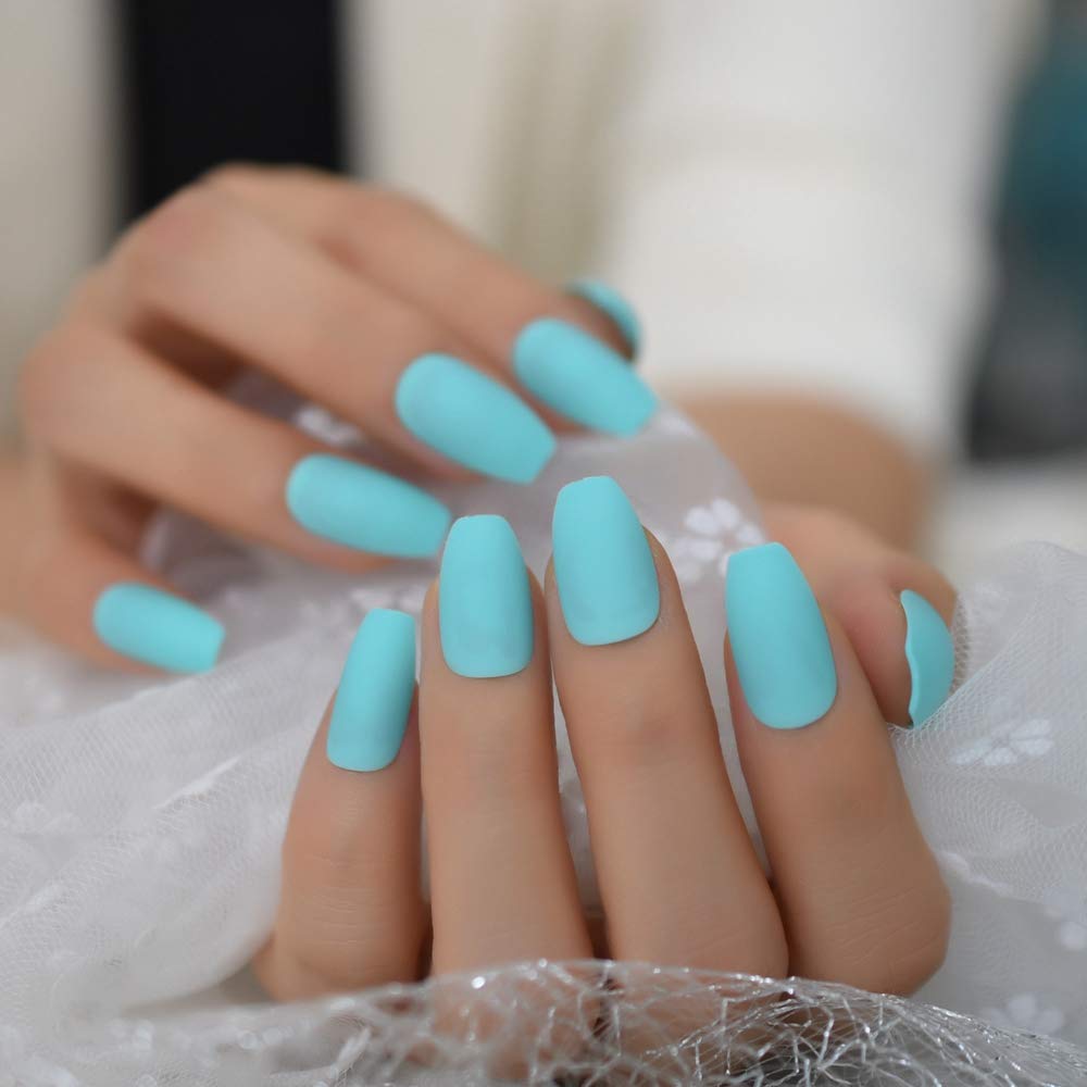 Press On Nails Neon Blue Teal Matte Short Coffin Nail Kit - TGC Boutique - Press On Nails