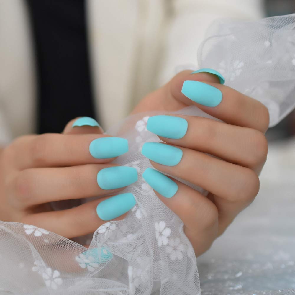 Press On Nails Neon Blue Teal Matte Short Coffin Nail Kit - TGC Boutique - Press On Nails