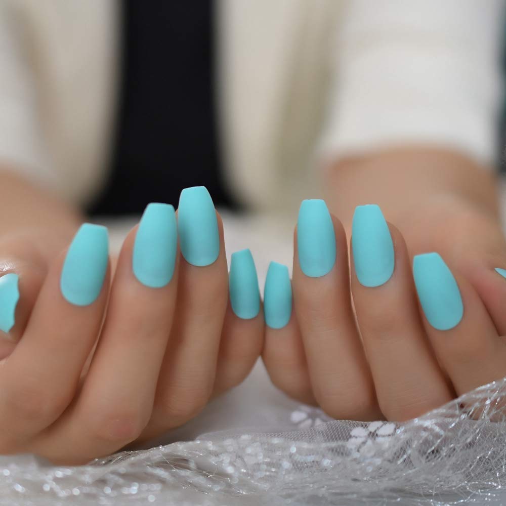 Press On Nails Neon Blue Teal Matte Short Coffin Nail Kit - TGC Boutique - Press On Nails