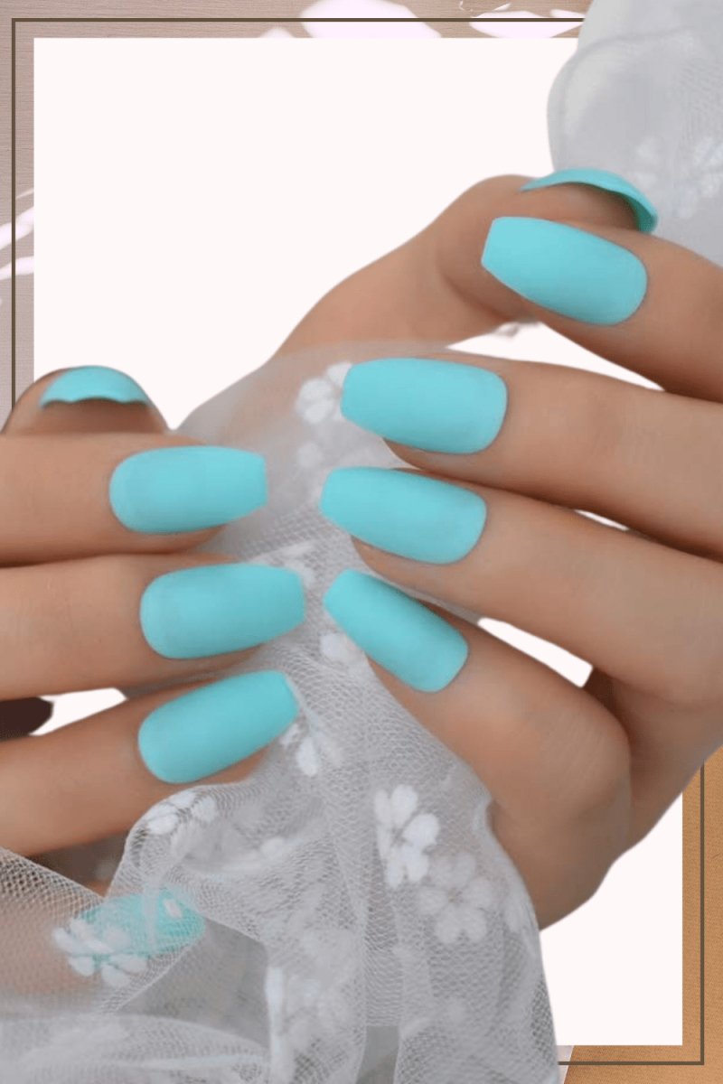 Press On Nails Neon Blue Teal Matte Short Coffin Nail Kit - TGC Boutique - Press On Nails
