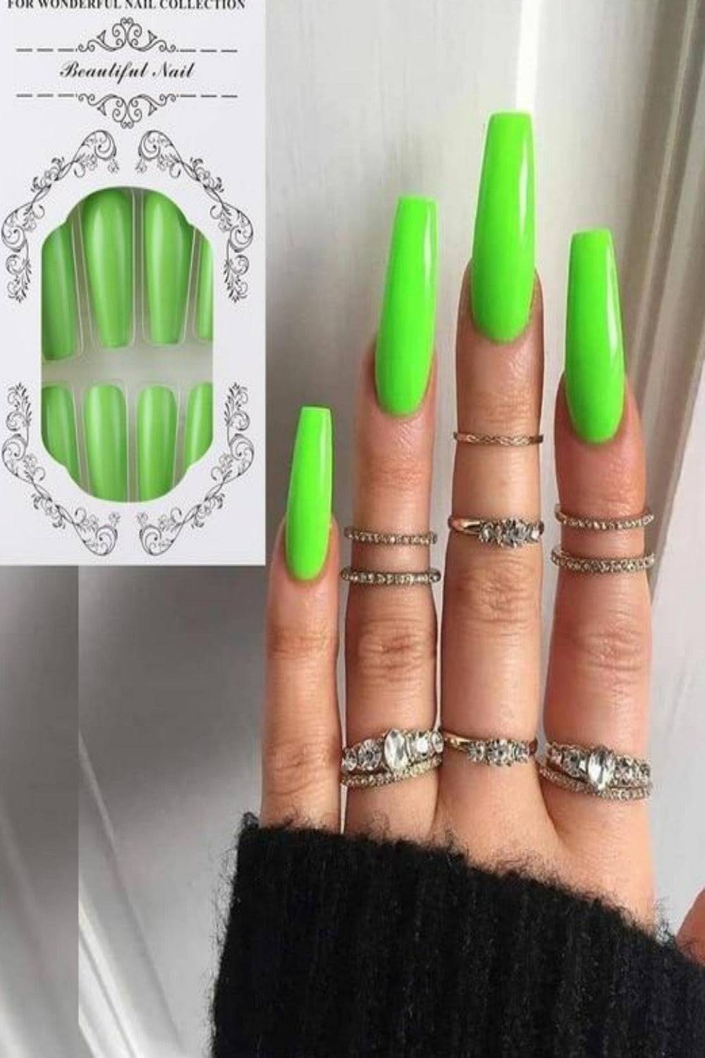 Press On Nails Neon French Tip Matte Glossy Coffin Nail Kit - TGC Boutique - Press On Nails