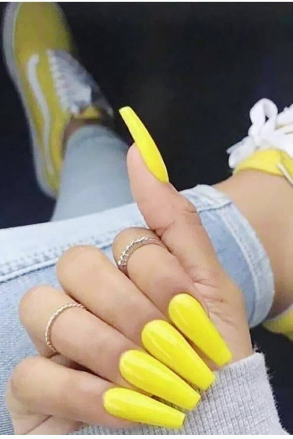 Press On Nails Neon Yellow Glossy Coffin Nail Kit - TGC Boutique - Press On Nails