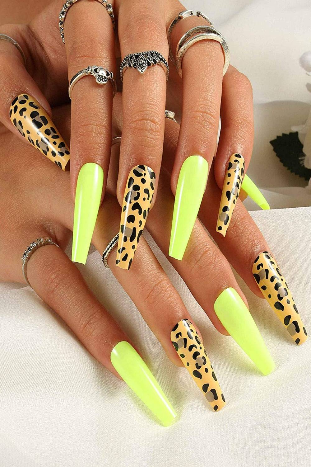 Press On Nails Neon Yellow Glossy Leopard Coffin Nail Kit - TGC Boutique - Press On Nails