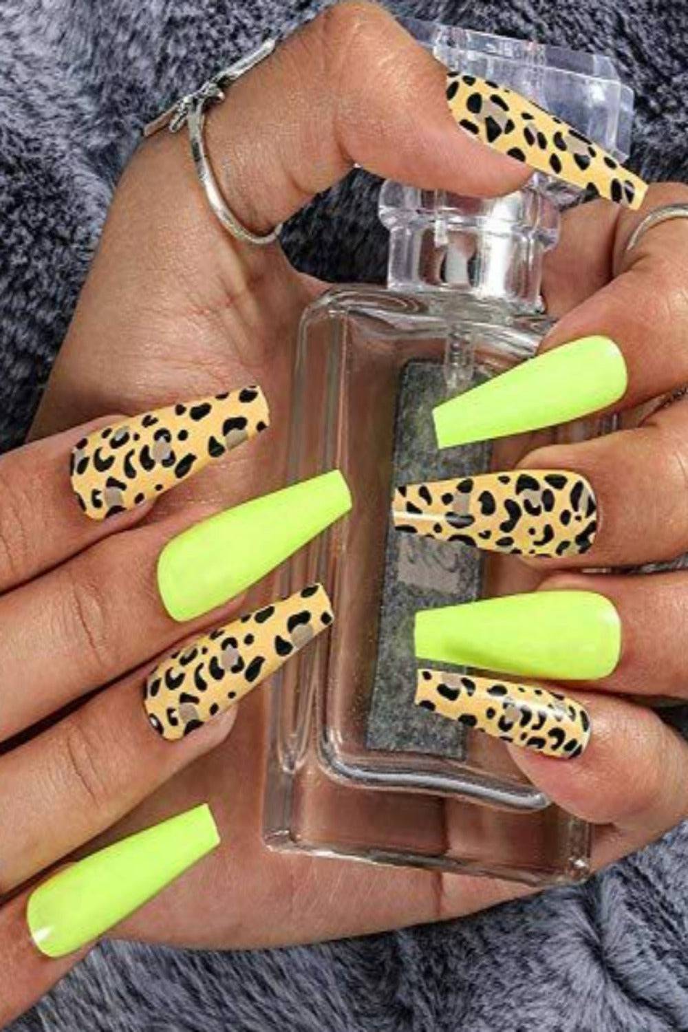 Press On Nails Neon Yellow Glossy Leopard Coffin Nail Kit - TGC Boutique - Press On Nails
