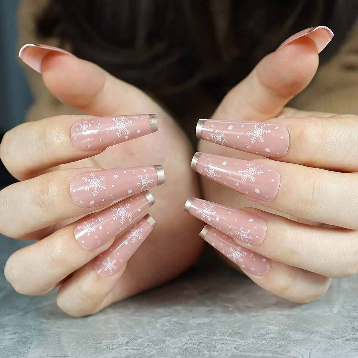 Press On Nails Nude French Glossy Coffin Snowflake Nail Kit - TGC Boutique - Press On Nails
