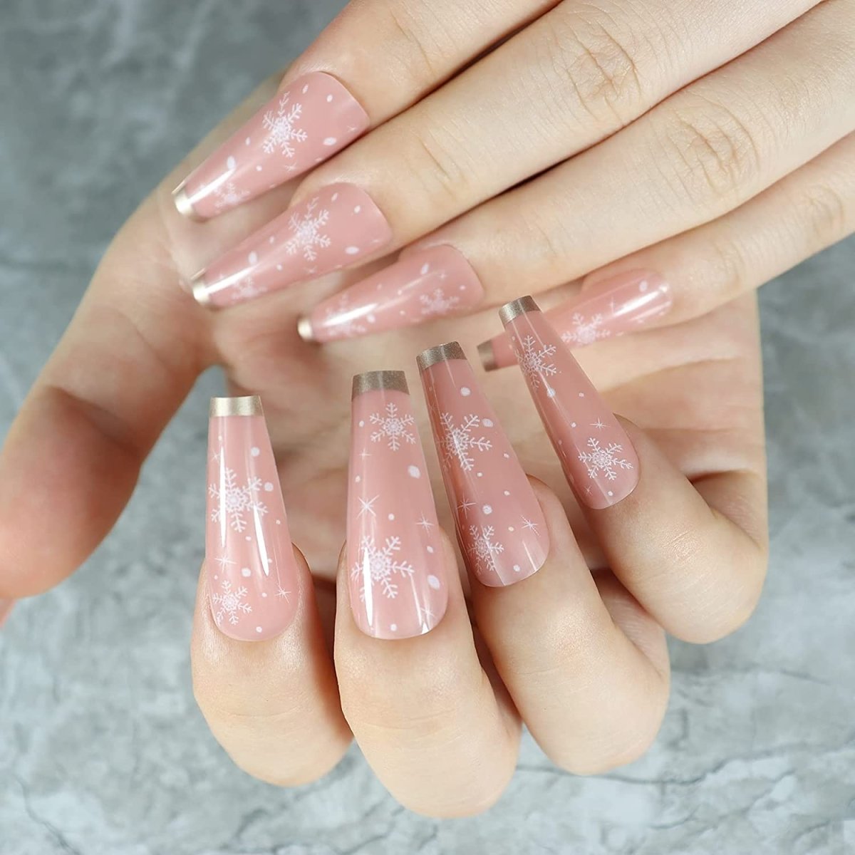 Press On Nails Nude French Glossy Coffin Snowflake Nail Kit - TGC Boutique - Press On Nails