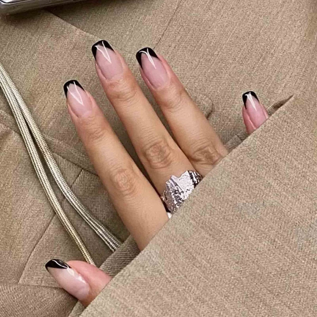Press On Nails Nude Glossy Black French Tip Coffin Nail Kit - TGC Boutique - Press On Nails