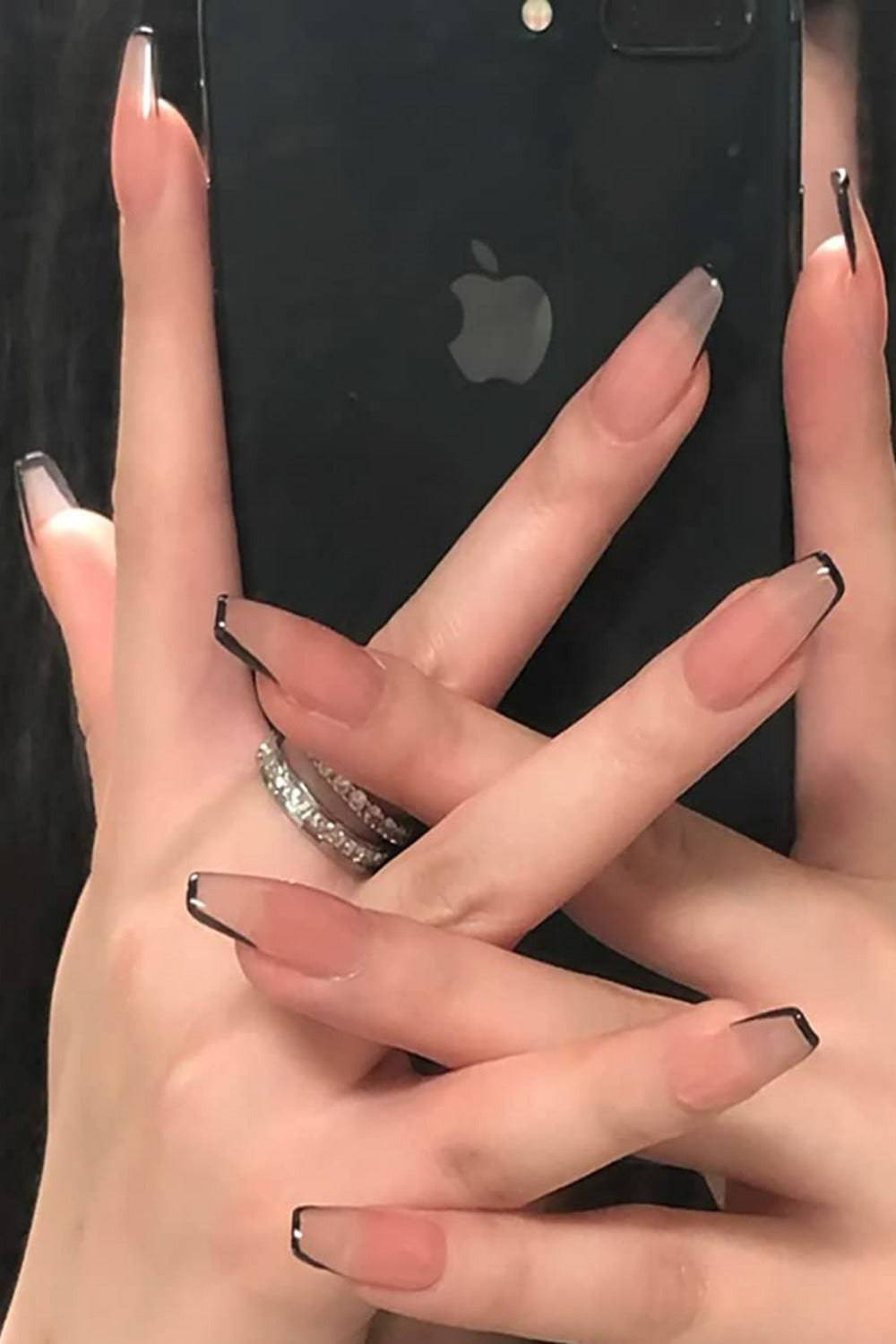 Press On Nails Nude Glossy Black French Tip Coffin Nail Kit - TGC Boutique - Press On Nails
