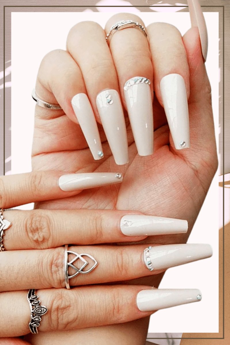 Press On Nails Nude Glossy Coffin Crystal Nail Kit - TGC Boutique - Press On Nails