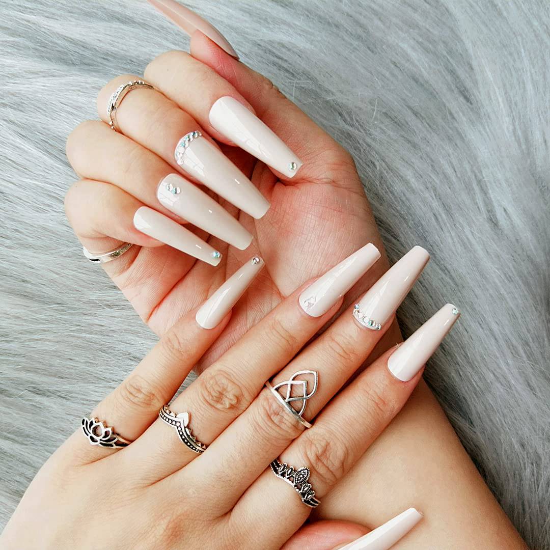 Press On Nails Nude Glossy Coffin Crystal Nail Kit - TGC Boutique - Press On Nails