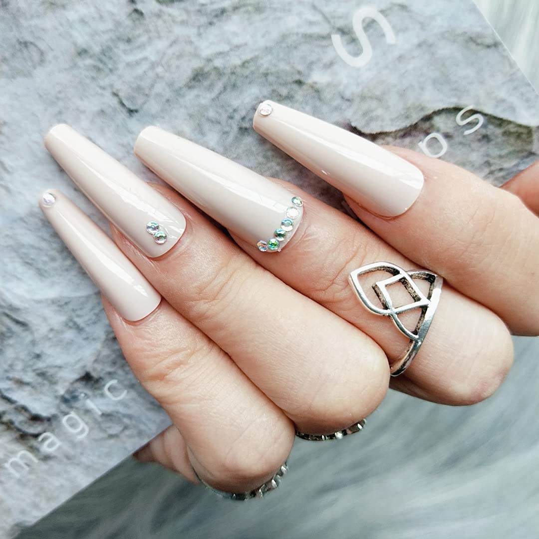 Press On Nails Nude Glossy Coffin Crystal Nail Kit - TGC Boutique - Press On Nails