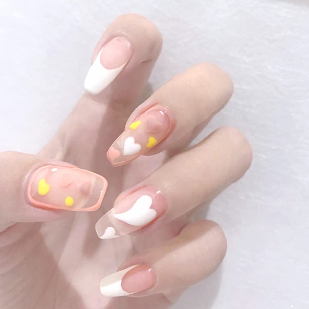 Press On Nails Nude Glossy French Tip Coffin Heart Nail Kit - TGC Boutique - Press On Nails