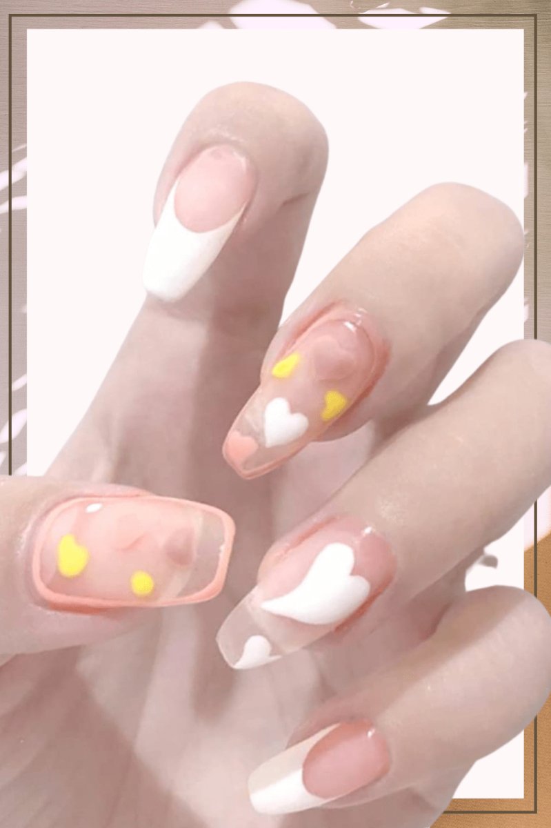 Press On Nails Nude Glossy French Tip Coffin Heart Nail Kit - TGC Boutique - Press On Nails