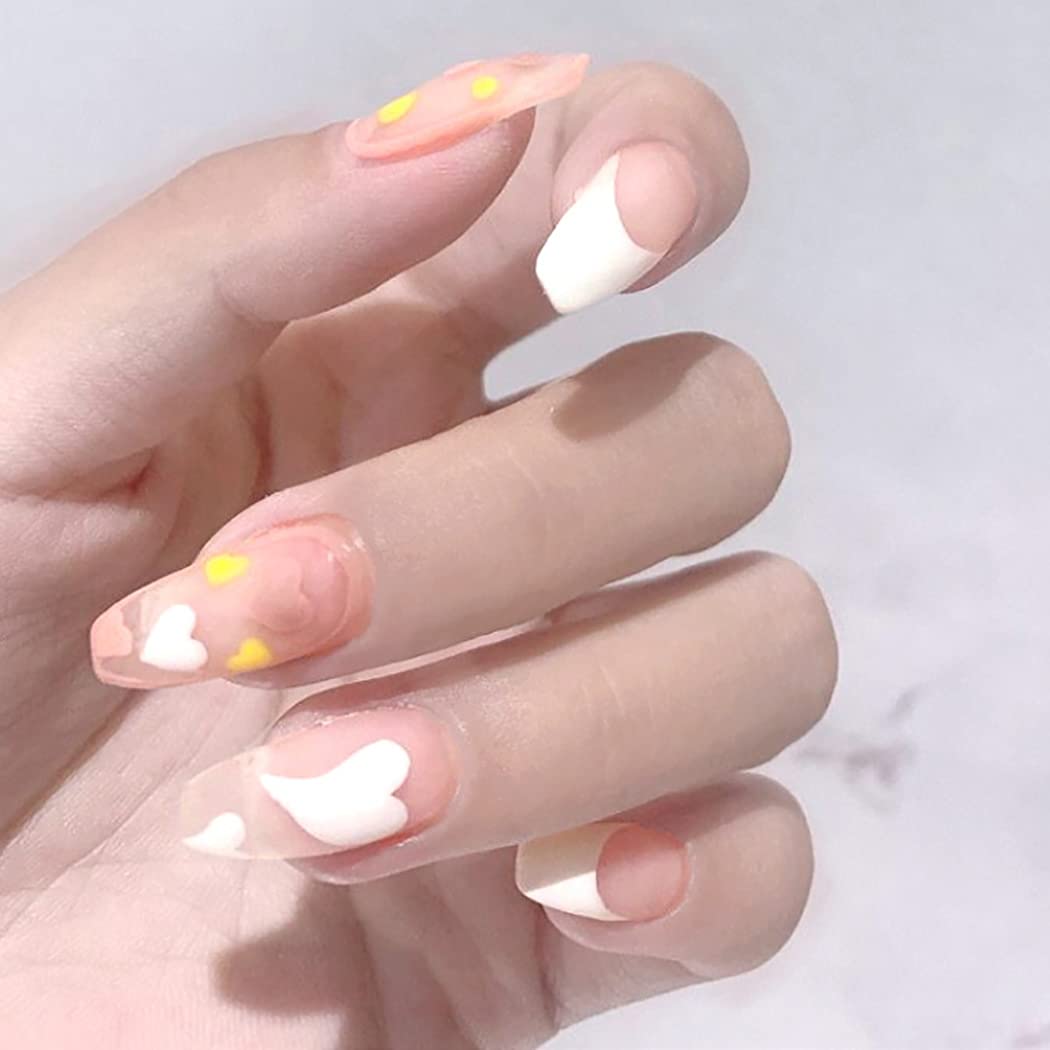 Press On Nails Nude Glossy French Tip Coffin Heart Nail Kit - TGC Boutique - Press On Nails