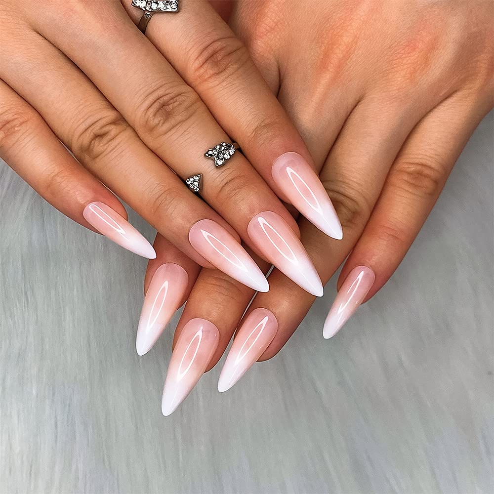 Press On Nails Nude Glossy Ombre White French Almond Nail Kit - TGC Boutique - Press On Nails