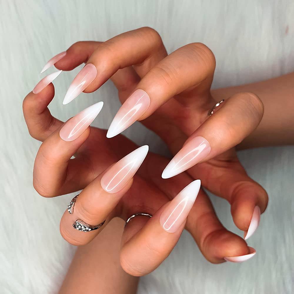 Press On Nails Nude Glossy Ombre White French Almond Nail Kit - TGC Boutique - Press On Nails