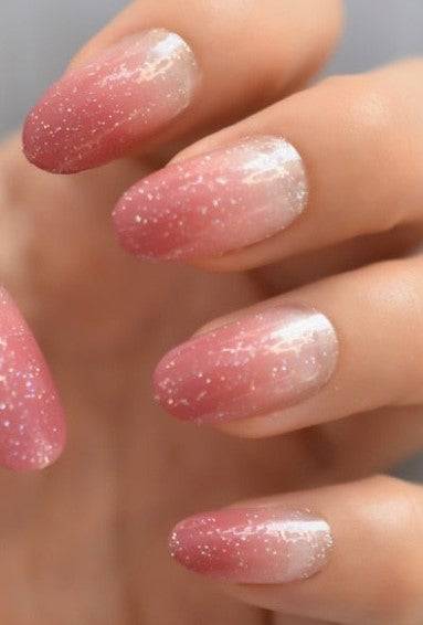 Press On Nails Nude Pink Ombre Glossy Almond Glitter Nail Kit - TGC Boutique - Press On Nails