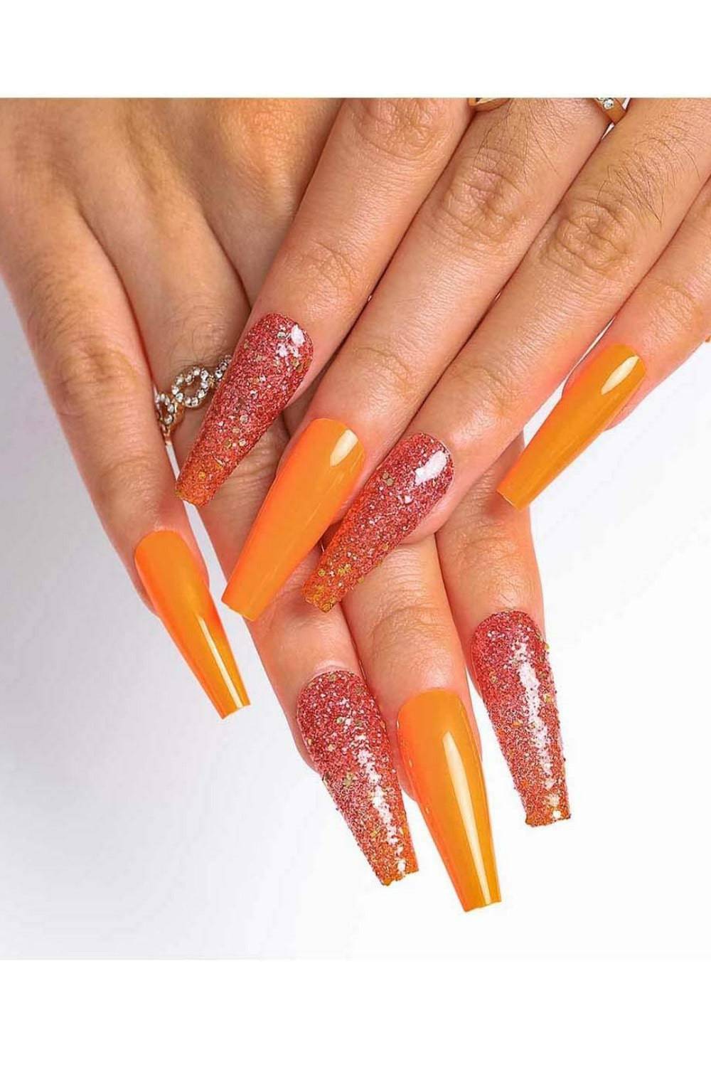Press On Nails Orange Glitter Glossy Coffin Nail Kit - TGC Boutique - Press On Nails