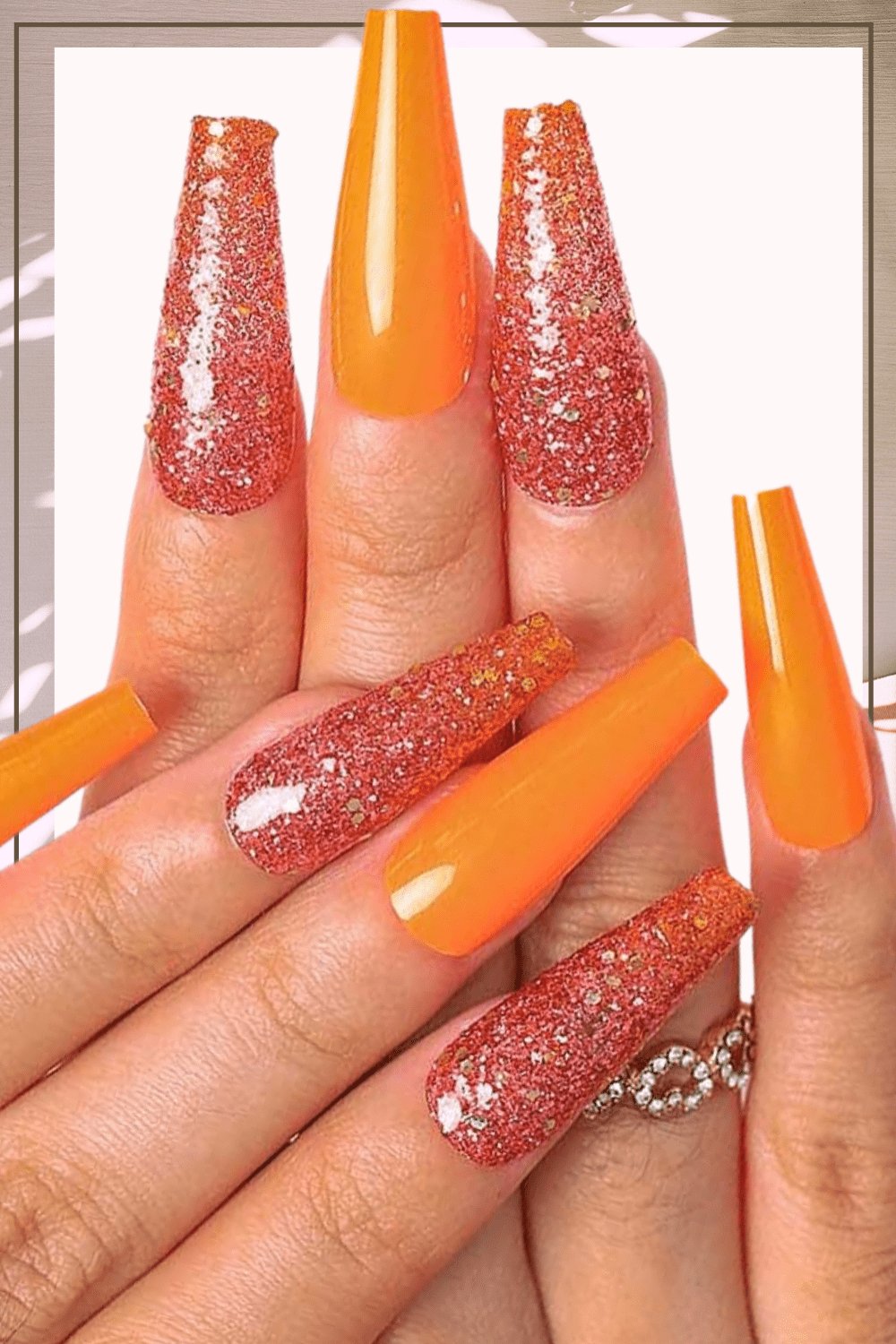 Press On Nails Orange Glitter Glossy Coffin Nail Kit - TGC Boutique - Press On Nails
