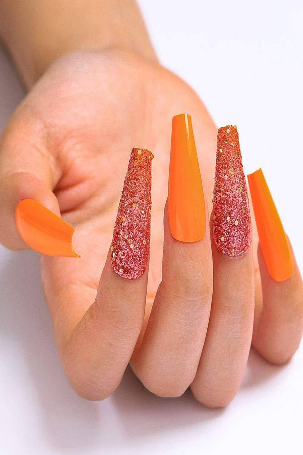 Press On Nails Orange Glitter Glossy Coffin Nail Kit - TGC Boutique - Press On Nails