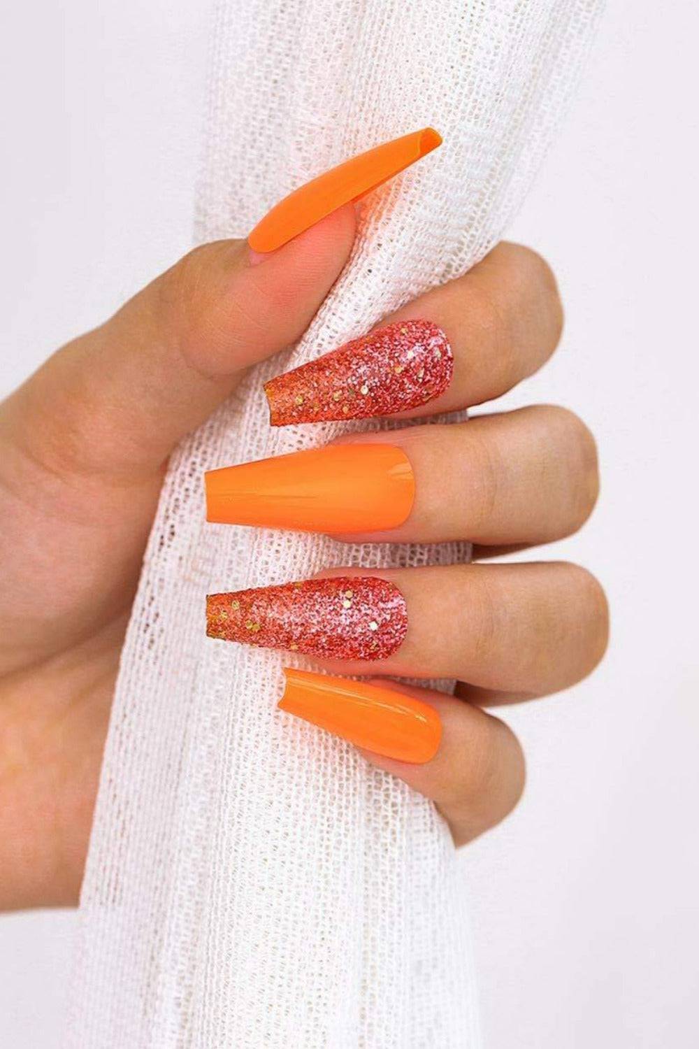 Press On Nails Orange Glitter Glossy Coffin Nail Kit - TGC Boutique - Press On Nails