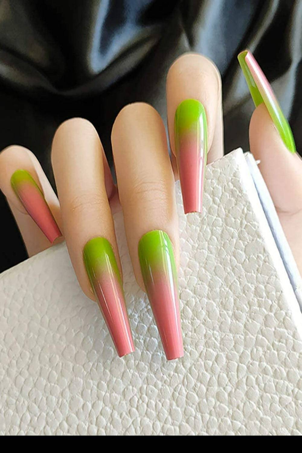 Press On Nails Pink And Green Glossy Ombre Coffin Nail Kit - TGC Boutique - Press On Nails