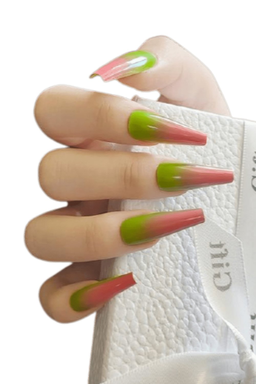 Press On Nails Pink And Green Glossy Ombre Coffin Nail Kit - TGC Boutique - Press On Nails