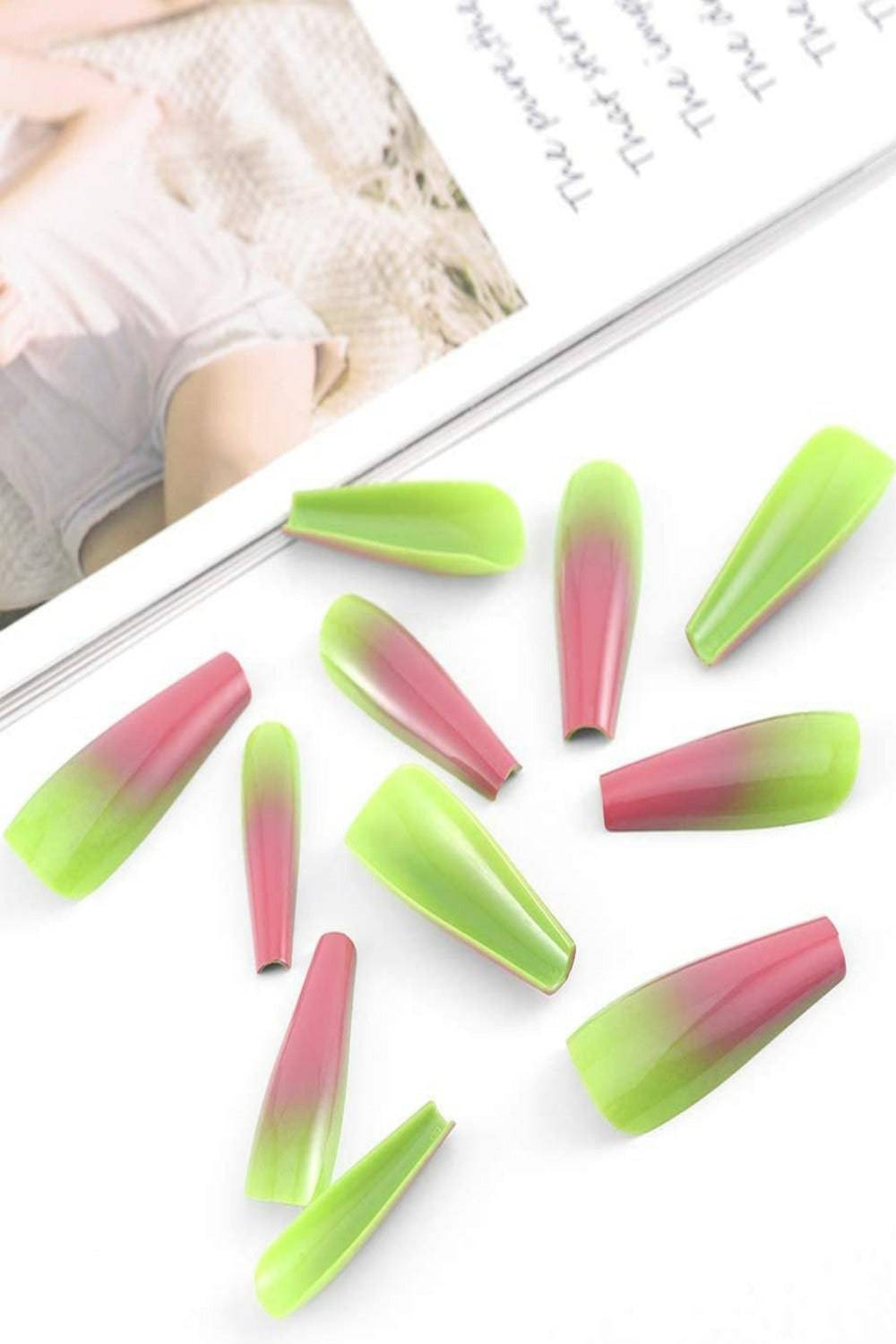Press On Nails Pink And Green Glossy Ombre Coffin Nail Kit - TGC Boutique - Press On Nails