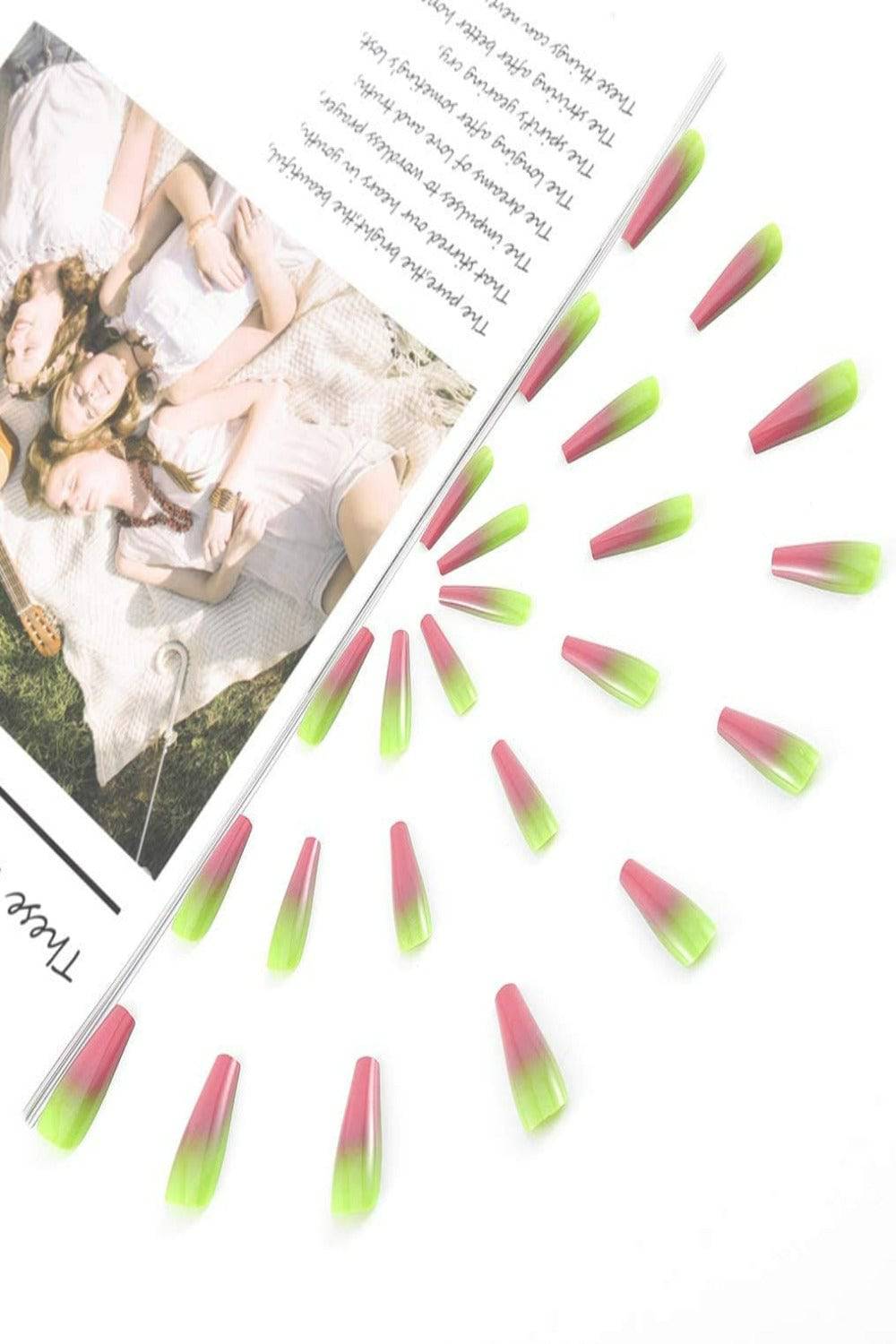 Press On Nails Pink And Green Glossy Ombre Coffin Nail Kit - TGC Boutique - Press On Nails
