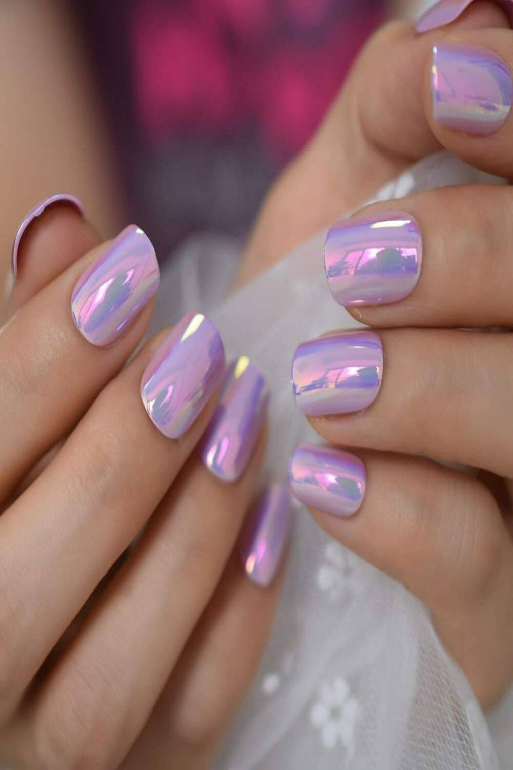 Press On Nails Pink And Purple Chrome Glossy Round Nail Kit - TGC Boutique - Press On Nails