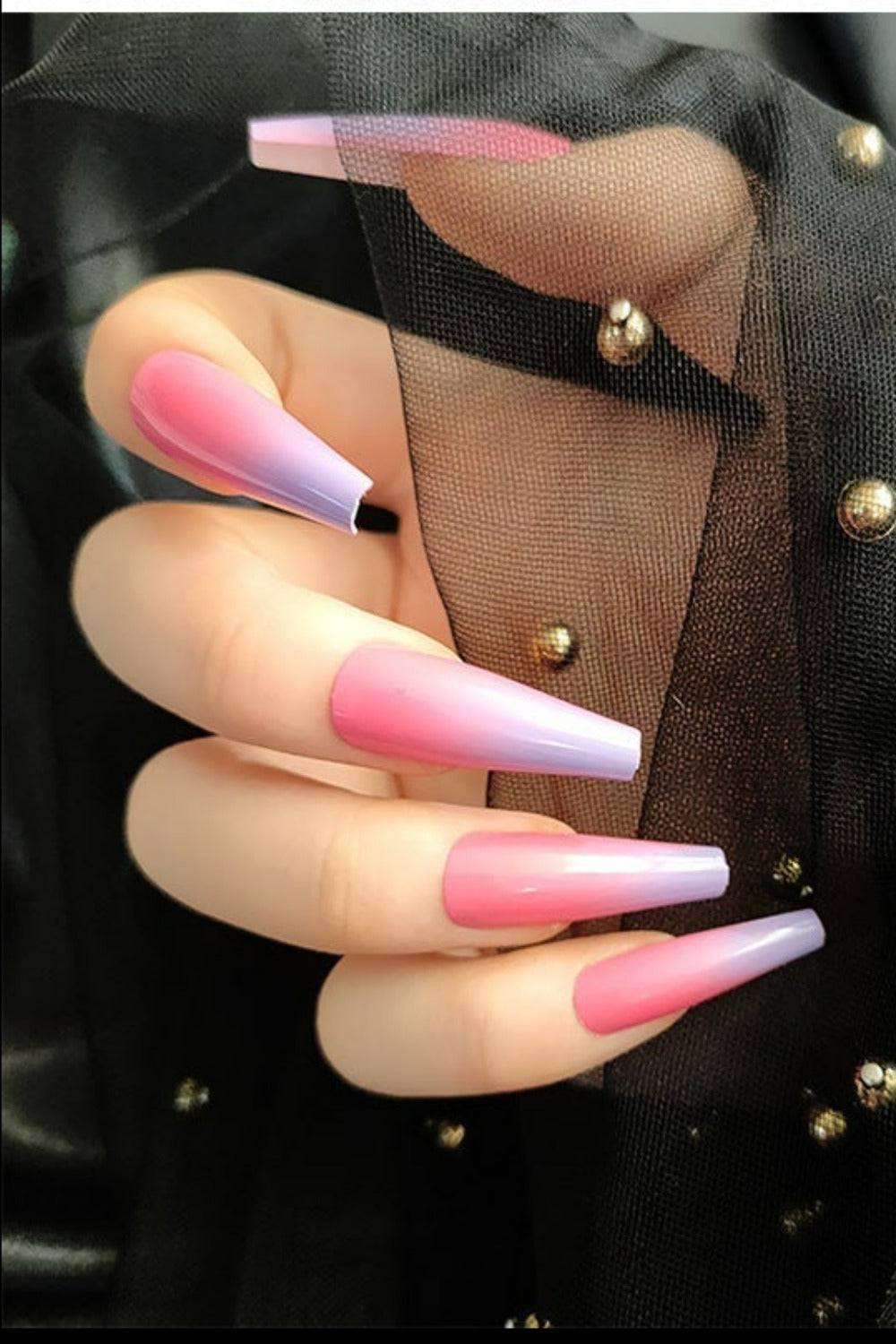 Press On Nails Pink And Purple Glossy Ombre French Tip Coffin Nails Kit - TGC Boutique - Press On Nails