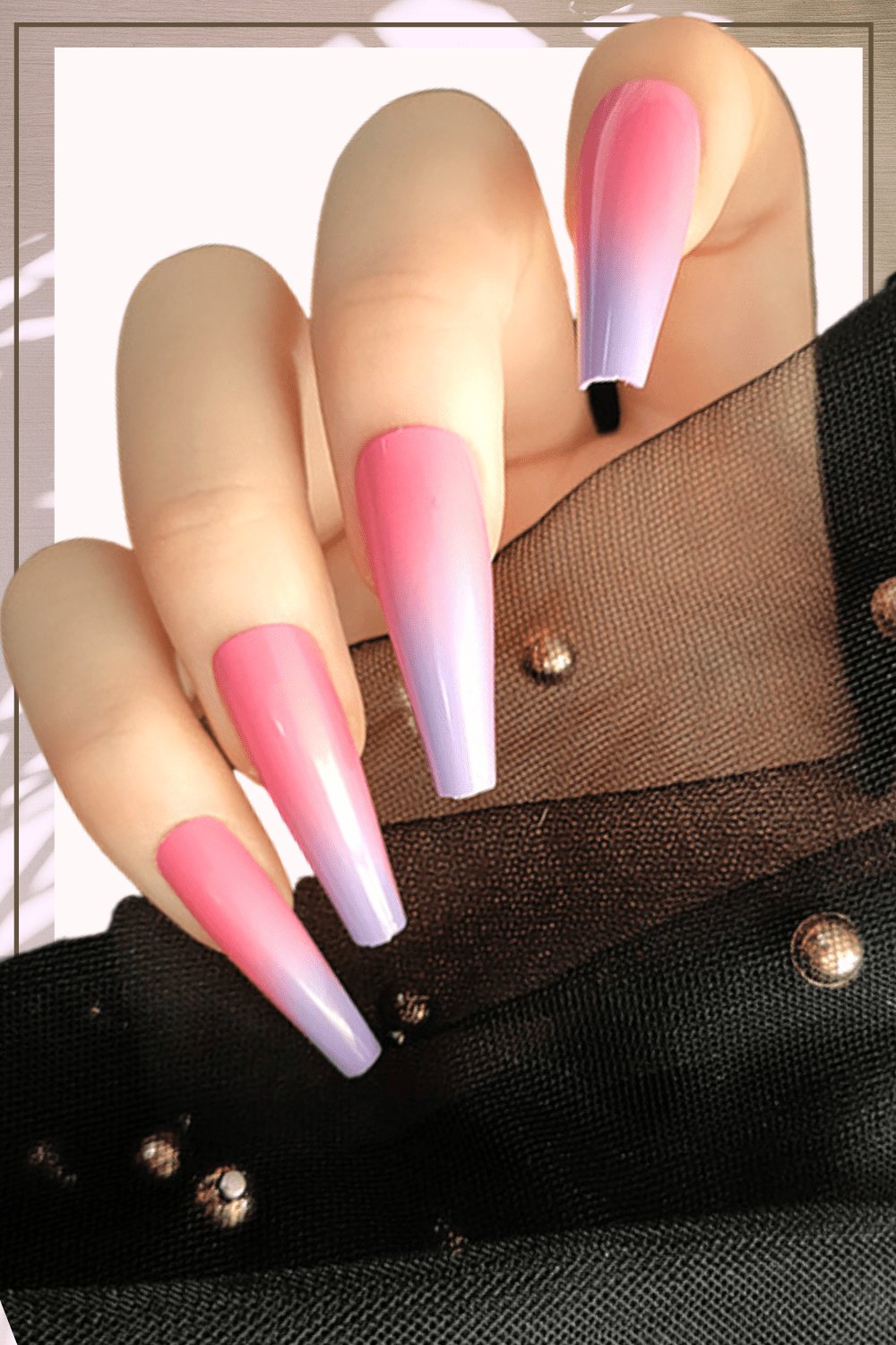 Press On Nails Pink And Purple Glossy Ombre French Tip Coffin Nails Kit - TGC Boutique - Press On Nails