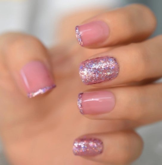 Press On Nails Pink And Purple Glossy Square Glitter Nail Kit - TGC Boutique - Press On Nails