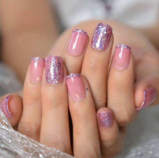 Press On Nails Pink And Purple Glossy Square Glitter Nail Kit - TGC Boutique - Press On Nails